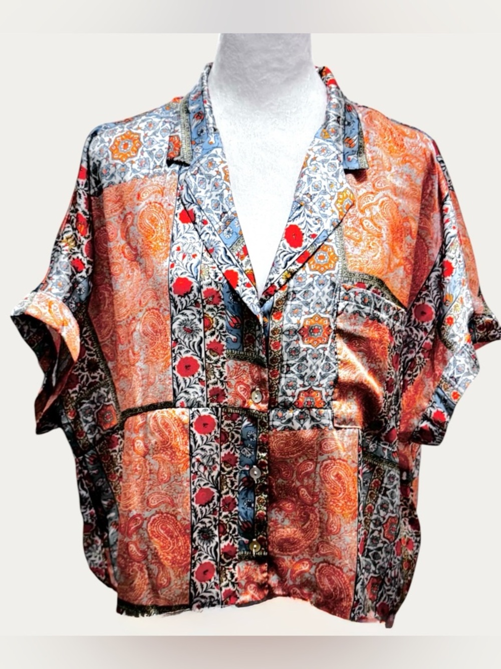 DRA Los Angeles Patchwork Blouse Silk Feel Boho Paisley Floral Oversized Top S